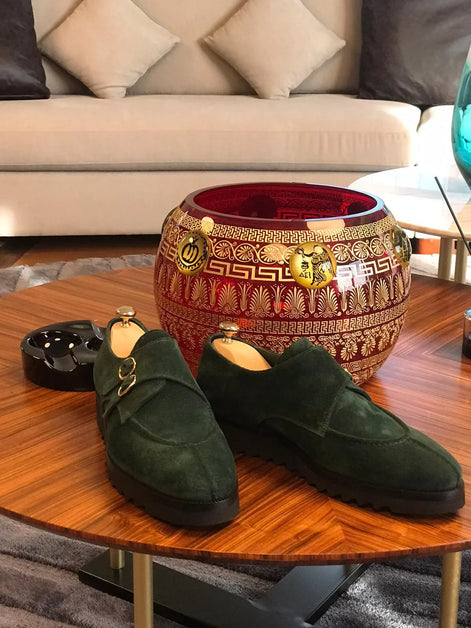 Sparks Suede Leather Green Buckle Loafers