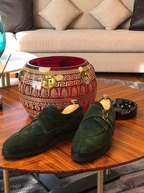 Sparks Suede Leather Green Buckle Loafers
