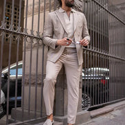 Sturgis Beige Slim Fit Double Breasted Striped Blazer
