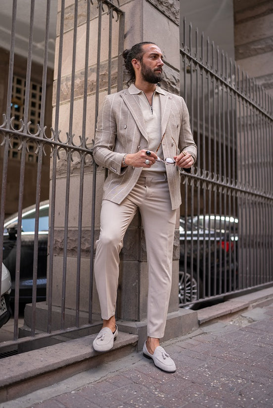 Beige Double Breasted Striped Blazer