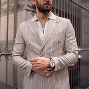 Sturgis Beige Slim Fit Double Breasted Striped Blazer