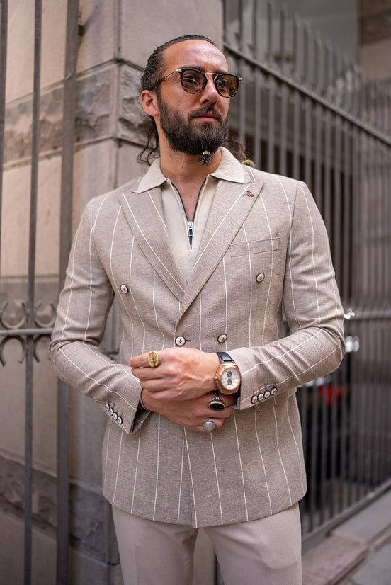 Beige Double Breasted Striped Blazer