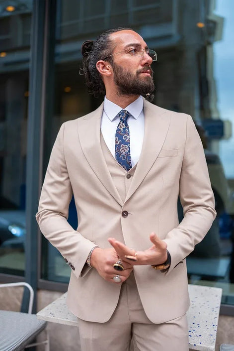 Sturgis Beige Slim Fit Peak Lapel 3 Piece Suit