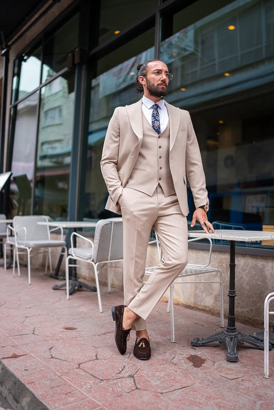 Beige Slim Fit Peak Lapel 3 Piece Suit