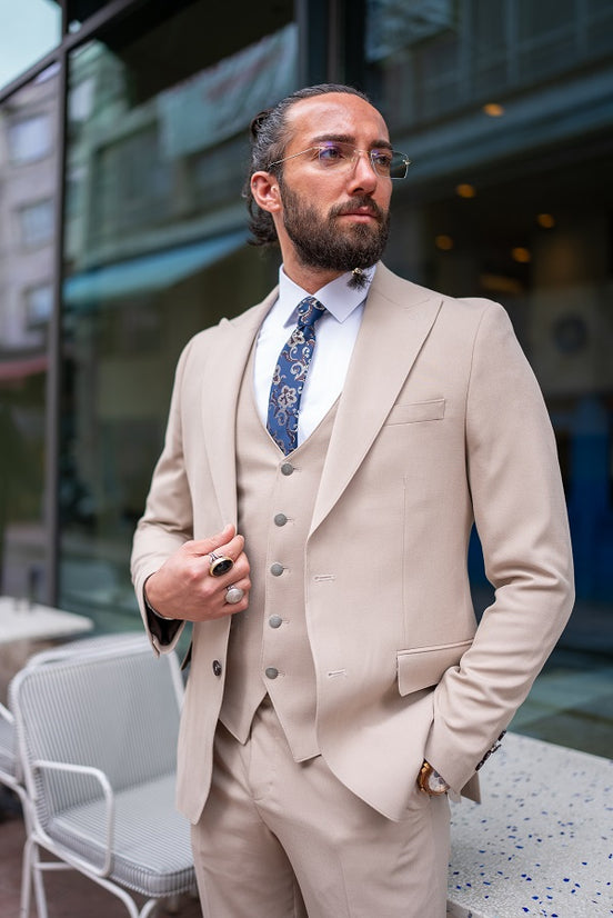 Sturgis Beige Slim Fit Peak Lapel 3 Piece Suit