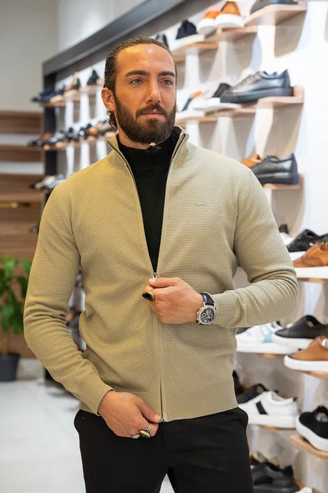 GentWith Sturgis Slim Fit Zipper Beige Cardigan
