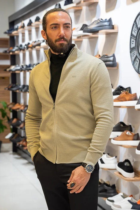 GentWith Sturgis Slim Fit Zipper Beige Cardigan