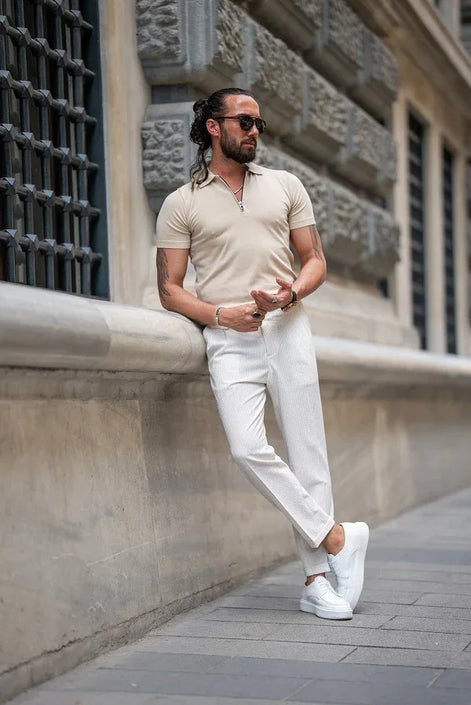 Beige Slim Fit Zippers Polo T-Shirt for Men by GentWith L Beige Slim Fit Zippers Polo T-Shirt for Men by GentWith L