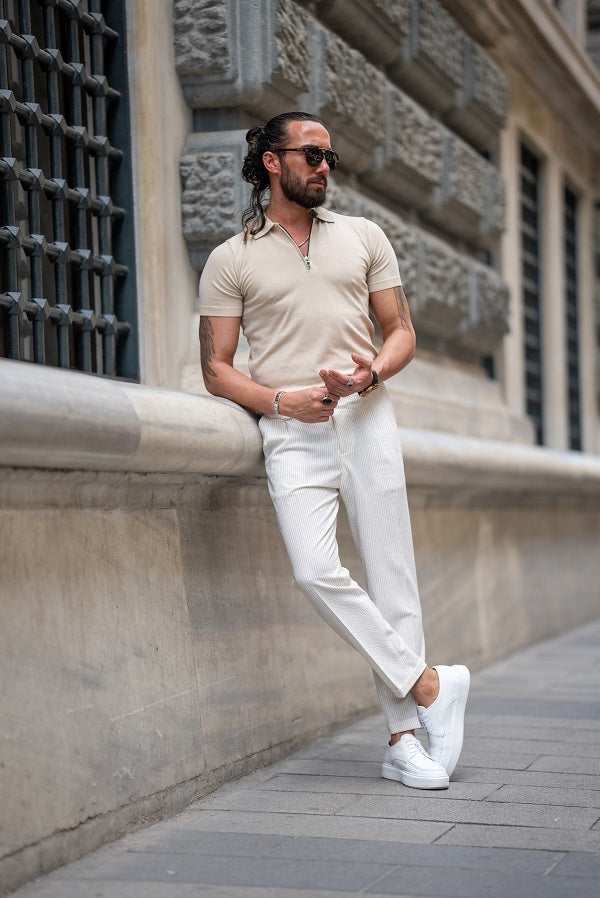 Sturgis Beige Slim Fit Zippers Polo T-Shirt