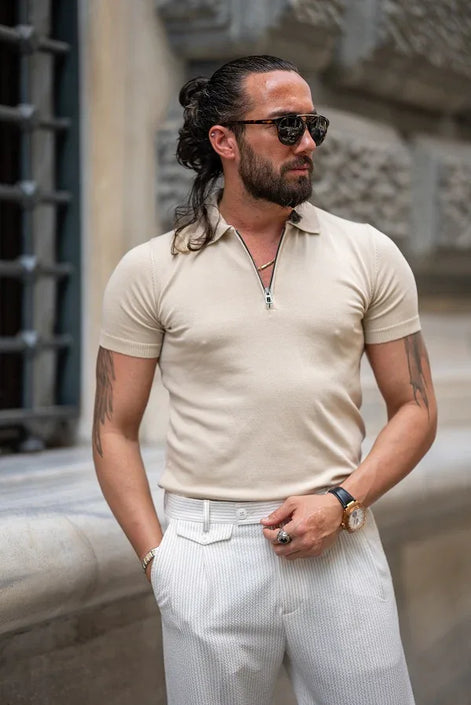 Sturgis Beige Slim Fit Zippers Polo T-Shirt