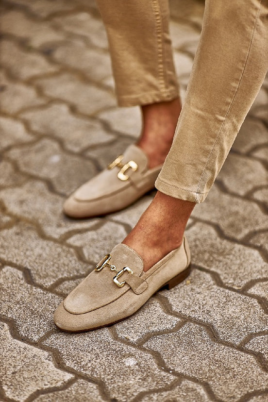 Beige Suede Horsebit Loafers