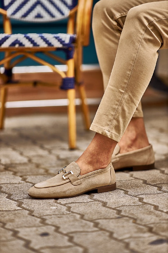 Beige Suede Horsebit Loafers