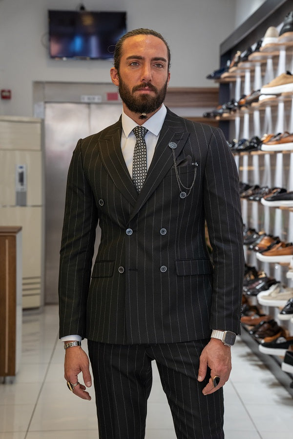 Sturgis Black Slim Fit 2 Piece Striped Double Breasted Suit