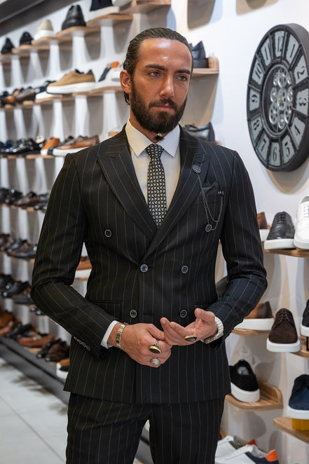Sturgis Black Slim Fit 2 Piece Striped Double Breasted Suit