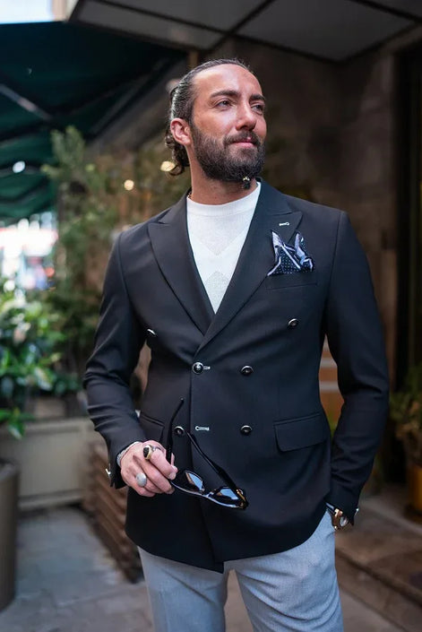 Sturgis Black Slim Fit Double Breasted Blazer