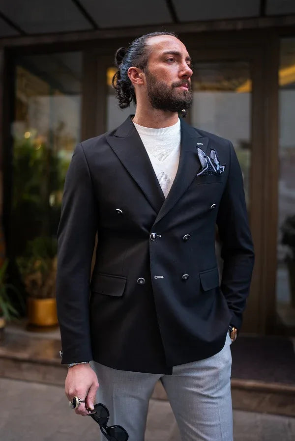 Sturgis Black Slim Fit Double Breasted Blazer