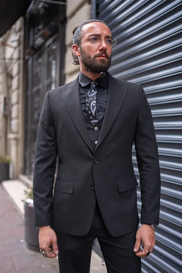 GentWith Sturgis Black Slim Fit Peak Lapel 3 Piece Suit