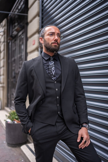 GentWith Sturgis Black Slim Fit Peak Lapel 3 Piece Suit