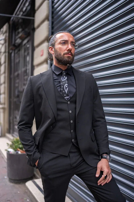 GentWith Sturgis Black Slim Fit Peak Lapel 3 Piece Suit