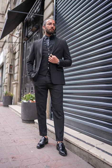 GentWith Sturgis Black Slim Fit Peak Lapel 3 Piece Suit