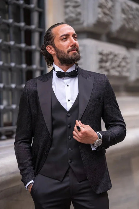 Sturgis Slim Fit Peak Lapel Patterned Black Tuxedo