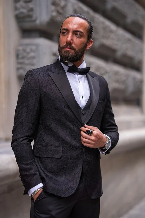 Sturgis Slim Fit Peak Lapel Patterned Black Tuxedo