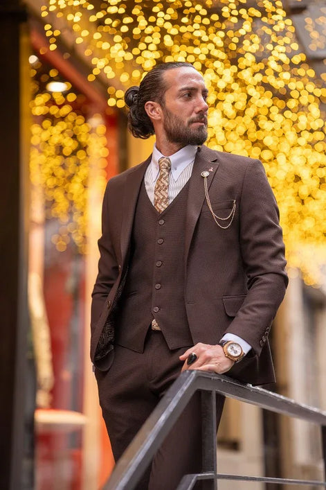 Sturgis Brown Slim Fit Notch Lapel 3 Piece Suit