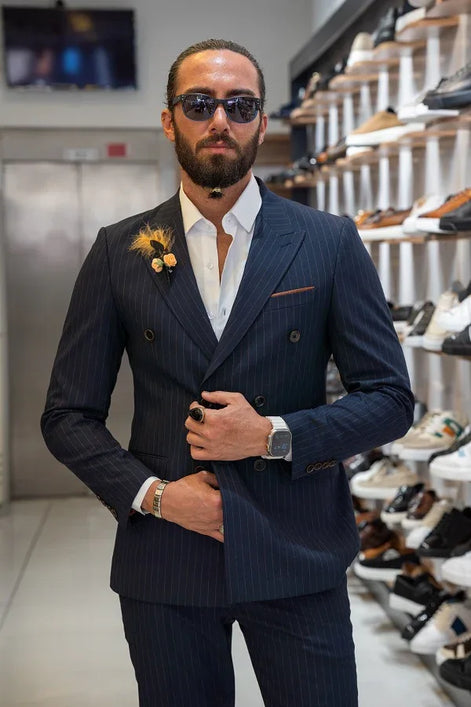 Sturgis Dark Blue Slim Fit 2 Piece Pinstripe Double Breasted Suit