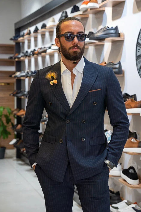 Sturgis Dark Blue Slim Fit 2 Piece Pinstripe Double Breasted Suit