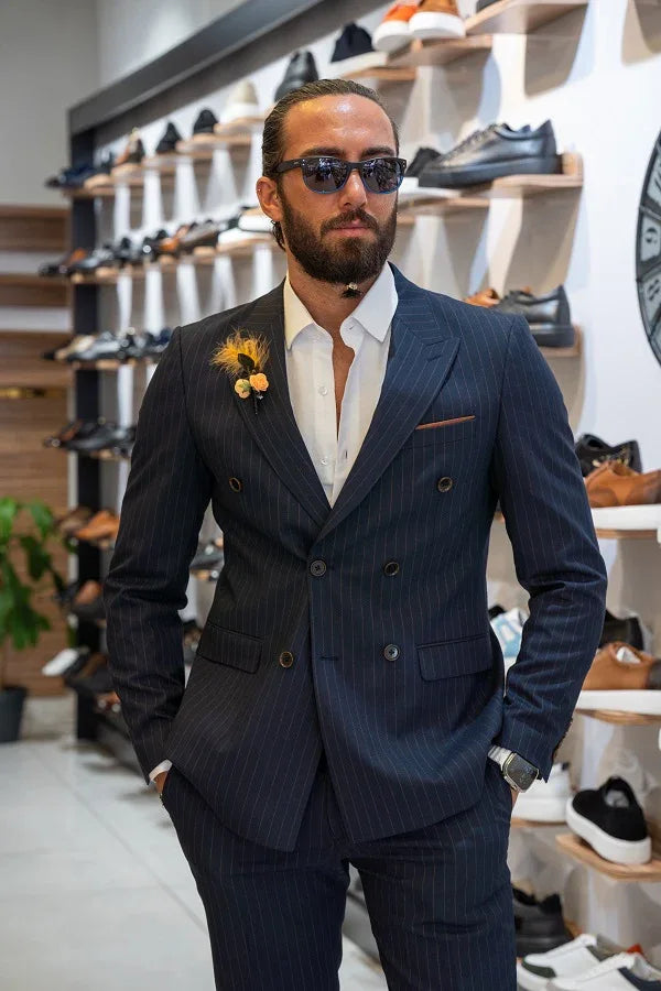 Sturgis Dark Blue Slim Fit 2 Piece Pinstripe Double Breasted Suit