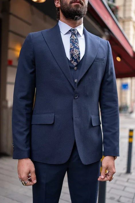 GentWith Sturgis Dark Blue Slim Fit Peak Lapel 3 Piece Suit