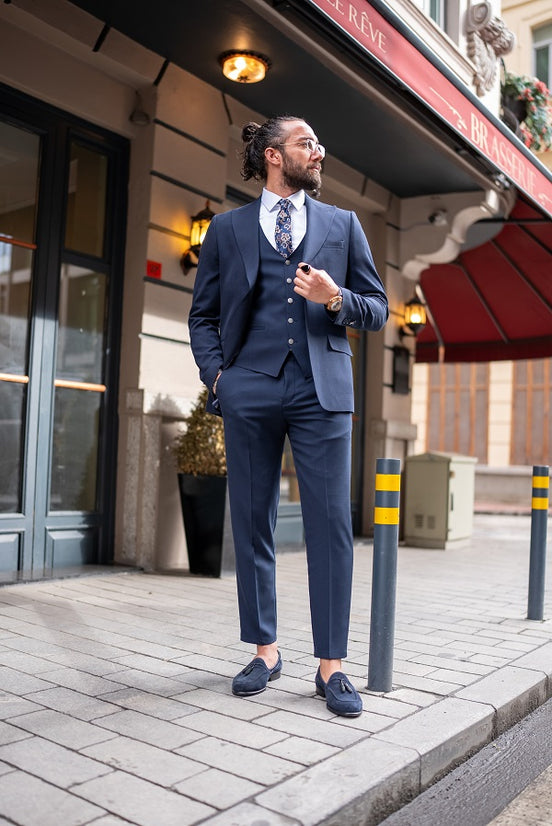 Dark Blue Slim Fit Peak Lapel 3 Piece Suit