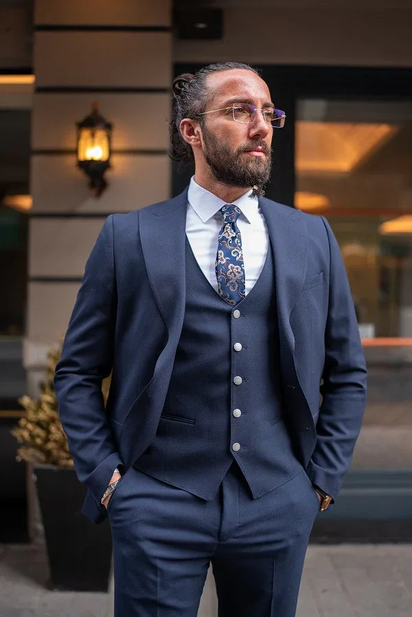GentWith Sturgis Dark Blue Slim Fit Peak Lapel 3 Piece Suit
