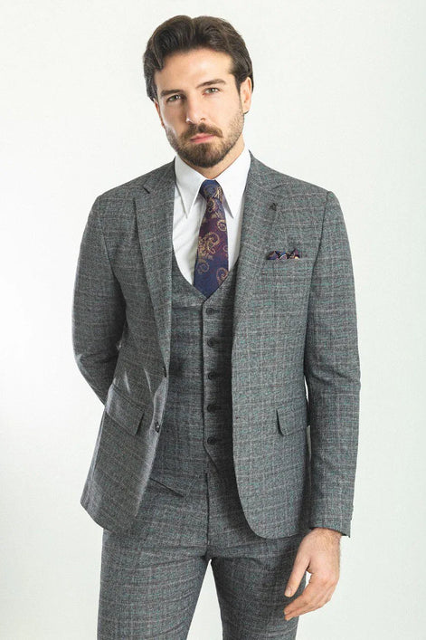 Sturgis Dark Gray Slim Fit Notch Lapel Plaid Check 3 Piece Suit