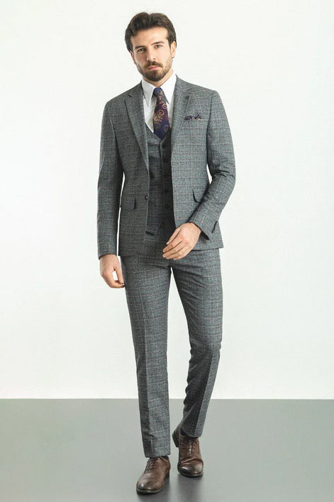 Sturgis Dark Gray Slim Fit Notch Lapel Plaid Check 3 Piece Suit