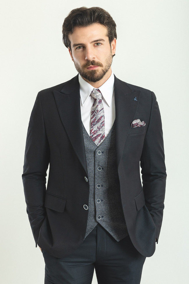 Sturgis Gray Black Slim Fit Peak Lapel Combination 3 Piece Suit