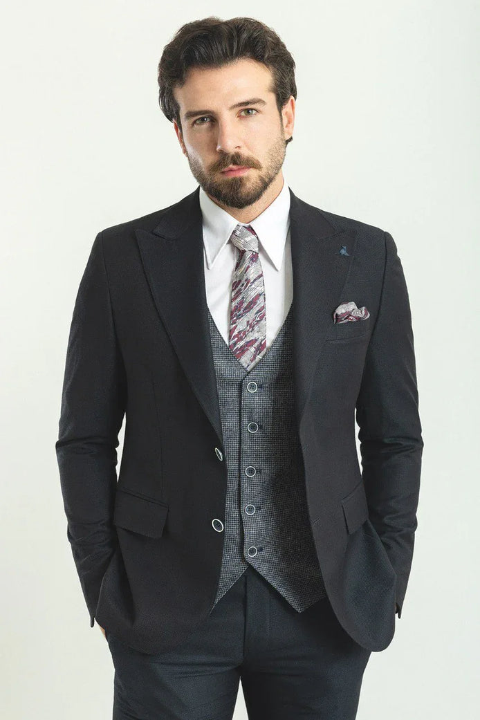 Sturgis Gray Black Slim Fit Peak Lapel Combination 3 Piece Suit