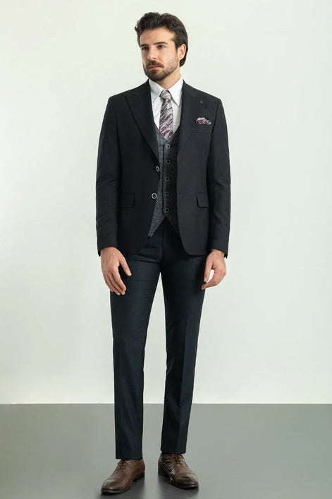 Sturgis Gray Black Slim Fit Peak Lapel Combination 3 Piece Suit