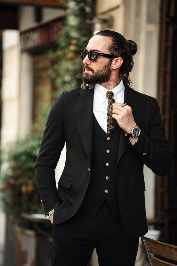 Sturgis Jet Black Slim Fit Peak Lapel 3 Piece Suit