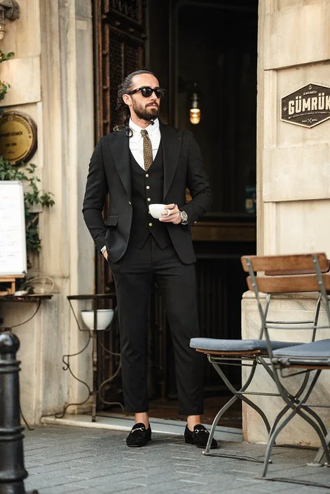 Sturgis Jet Black Slim Fit Peak Lapel 3 Piece Suit