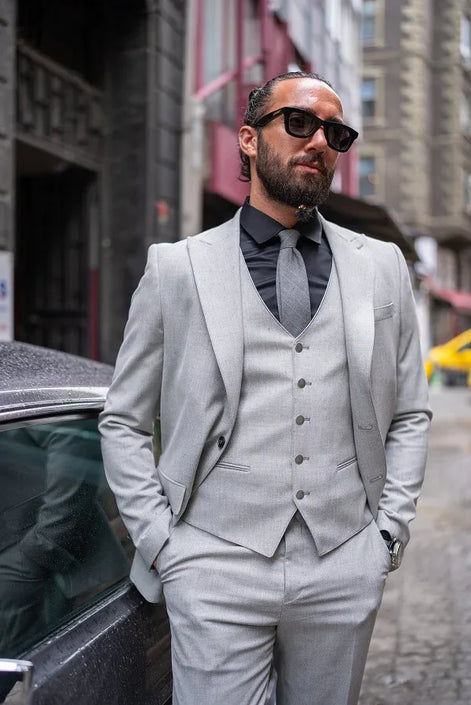 Sturgis Light Gray Slim Fit Peak Lapel 3 Piece Suit
