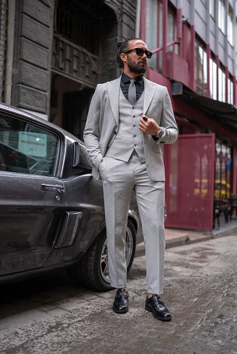 Sturgis Light Gray Slim Fit Peak Lapel 3 Piece Suit