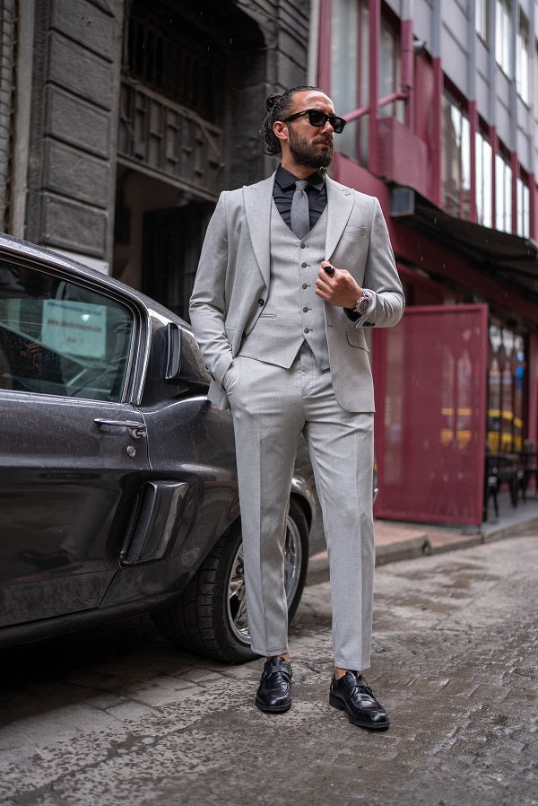 Sturgis Light Gray Slim Fit Peak Lapel 3 Piece Suit