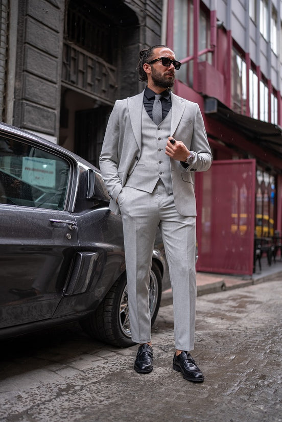 Light Gray Slim Fit Peak Lapel 3 Piece Suit