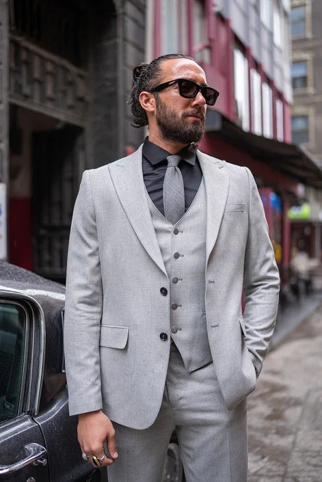 Sturgis Light Gray Slim Fit Peak Lapel 3 Piece Suit