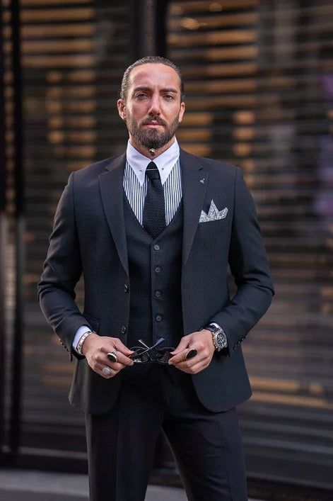 Sturgis Midnight Black Slim Fit Notch Lapel 3 Piece Suit