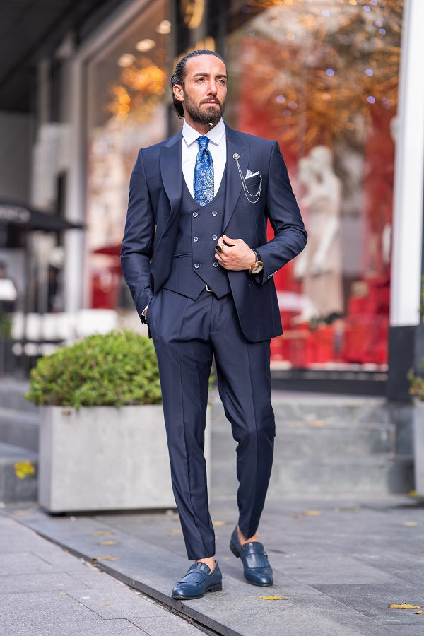 Sturgis Navy Blue Slim Fit Peak Lapel 3 Piece Suit