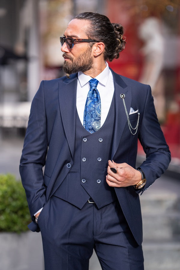 Sturgis Navy Blue Slim Fit Peak Lapel 3 Piece Suit