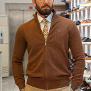 GentWith Sturgis Brown Slim Fit Zipper Brown Cardigan