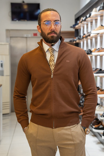 GentWith Sturgis Brown Slim Fit Zipper Brown Cardigan